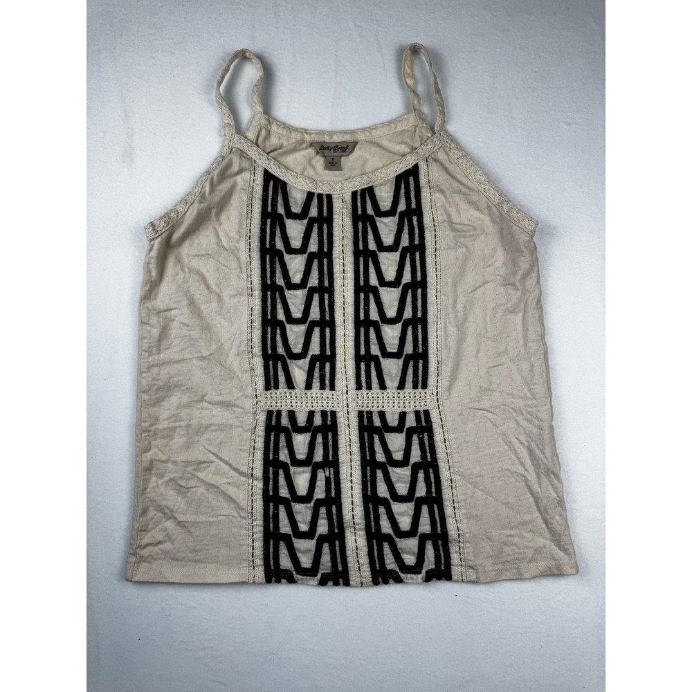 Lucky Brand Womens Cream Cotton Embroidered Boho Tank Top Small Black Geometric